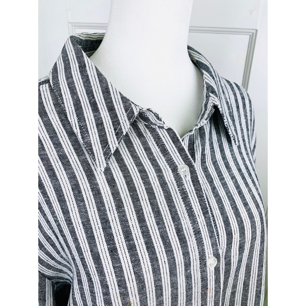 Donna Karan Weekend Striped Linen-Blend Shirt L Coastal Preppy Travel Breathable - Picture 2 of 16